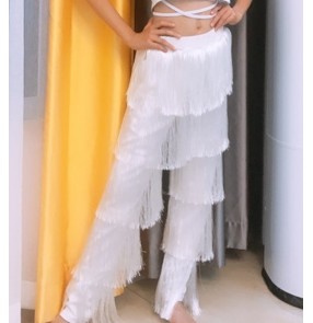 Women girls white layer fringes latin dance pants stage performance salsa chacha wide leg dance trousers long tassels dance pants