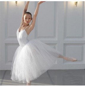 Women girls white long ballet dance dress tutu female adult swan lake ballet dance costume Sling long modern dance ballerina training clothes 