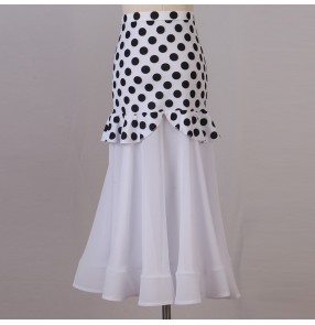 Women Girls White with black polka dot ballroom Dance skirts ruffles professional stage performance long waltz tango foxtrot dance skirt for female stage performance costumes