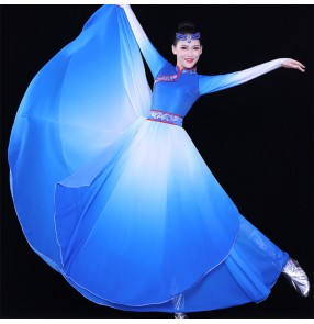 women girls White with blue Mongolian dance dresses performance female big swing Mongolia dance skirt ethnic style performance costume dance clothes