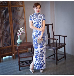 Women Girls White with blue phoenix pattern Chinese Dresses Oriental Qipao Cheongsam Model Show Host Singer Catwalk Miss etiquette Gown