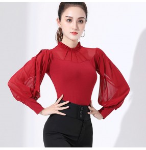 Women girls wine ballroom latin dance shirts long sleeves waltz tango salsa rumba cha cha dancing blouses tops for female