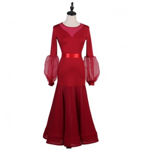 Women girls wine color ballroom dancing dresses modern dance waltz tango dance dresses