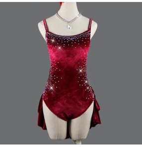 Women girls wine diamond competition velvet latin dresses salsa dress