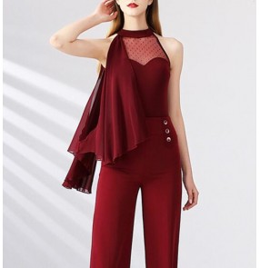 Women girls Wine High-neck sleeveless ballroom latin dance bodysuits flowy modern dance jumpsuits top national standard Latin dance waltz tango foxtrot dance catsuits