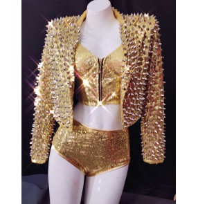 Women gold red blue black Rivet jazz dance flashing costumes rock motorcycle rivet jacket female singer gogo dancers bar performance outfits model show video shooting jacket