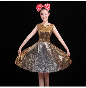 Women gold sequined jazz dance dress modern dance singers stage performane gogo dancers group dance dresses