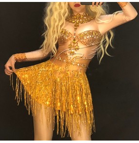 Women gold sequined tassels jazz dance bodysuit dresses Nightclub singer host model Dj gold fringed long-sleeved dress for lady gogo dance costume for female