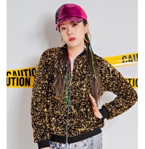 Women gold silver DS jazz dance jackets Street Dance Hip-hop jazz sequined top hiphop coat dance performance costume gogo dancers stage outfit