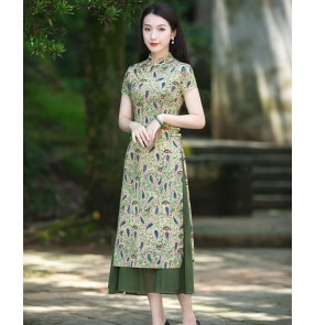 Women green printed Ao Dai chinese dresses cheongsam popular vietnamese oriental cheongsam qipao miss etiquette stage performance dress