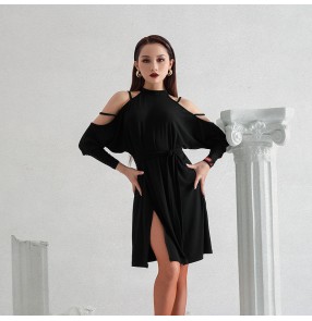 Women hollow shoulder latin dance dresses black colored loose style latin skirts rumba chacha salsa dance skirts modern dance latin clothing for lady 