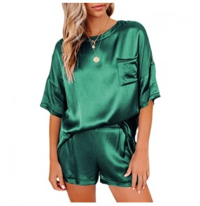 women Irregular two-piece sleep wear suit of solid color imitation silk pajamas top short-sleeved shorts home wear 