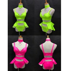 Women jazz dance Bar ds singers peformance costumes Sexy fluorescent green pink yellow elastic leather split suit female singer gogo dance costume hot dance stage costume