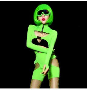 Women jazz dance bar gogo dancers bodysuits dance team dj ds collar dance clothes fluorescent green hiphop jumpsuit