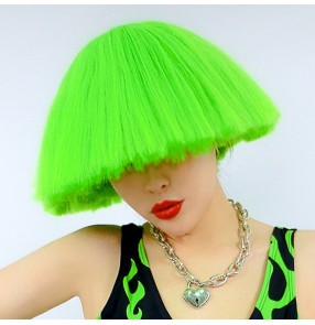 Women jazz dance short bobo wig gogo dancers Bar night stage female carnival halloween party fluorescent green fluffy bob short hair dj rock gogo dance wig