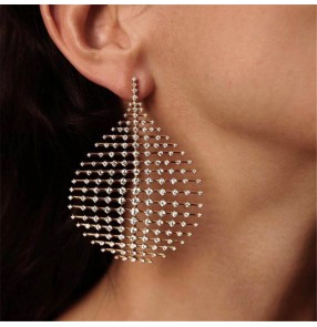 Women jazz dance singers earrings Hollow retro shiny golden drop shape diamond stud earrings for female one pair