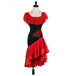 Women kids black with red embroidered flowers fringe latin dance dress modern dance latin dance costumes rumba salsa chacha dance dress 