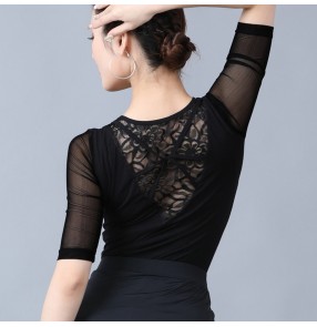 Women lace short sleeves latin ballroom dance tops stage performance pratice exersises dance blouses for female