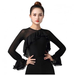 Women Latin dance costume black practice clothes with puff sleeves female one-piece latin mesh body top