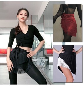 Women latin dance skirts fringe wine white black color layer tassels latin rumba salsa ballroom wrap hip scarf one size dance practice exercises wrap skirts for adult