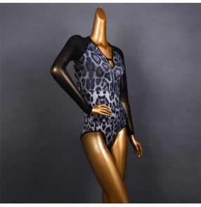 Women leopard ballroom Latin Dance body tops Modern dance Costume Female Adult V-neck Training Workwear dance Top