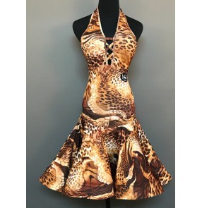 Women leopard printed latin dance dresses sleeveless v neck salsa rumba chacha dance costumes latin dance wear for female