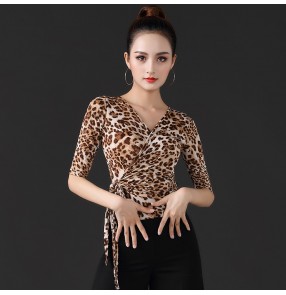 Women leopard sexy latin ballroom dance tops stage performance yoga practice modern dance ballet dance blouses for female