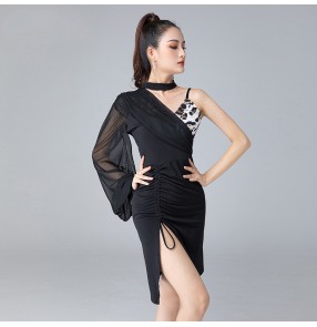 Women leopard zebra patchwork latin dance dresses side split one sleeves rumba salsa chacha ballroom dance dress for ladies