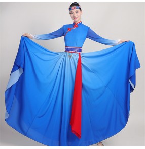 Women Mongolian dance costumes royal  blue gradient Female Mongolian robe big swing skirt ethnic dance Mongolian dance performance costume