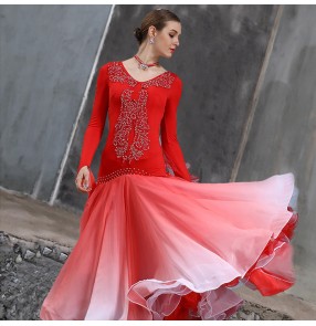 Women National standard ballroom dance dress Adult female red black gradient competition waltz tango dance dress with big swing skirt