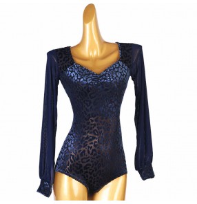 Women navy blue leopard velvet ballroom dance jumpsuit Lantern Long Sleeve Ballroom Dance Top V-neck Latin Dance leotards