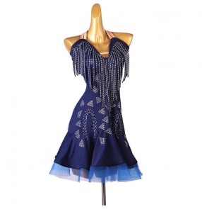 Women navy color fringe rhinestones competition latin dance dress modern dance girls latin costumes tassels salsa rumba chacha dance dresses