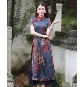 Women navy printed chinese dresses oriental qipao cheongsam dresses Ao Dai stage performance summer long Chinese style dress