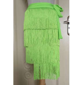 Women Neon green layer fringed Latin dance skirts latin chacha rumba practice wrap skirts apron Latin show fringed skirt belly dance hip scarf