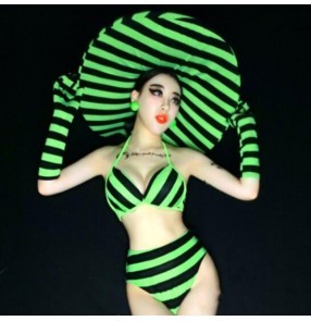 women Night bar singers jazz dance costumes dj zebra stripes fluorescent green party gogo sexy photos shooting swimsuit bikini ds costumes