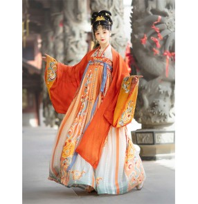 Women orange hanfu chinese ancient folk costumes fairy princess dress stage performance photos shooting empress cosplay dress