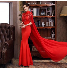 Women oriental model catwalk cheongsam Long performance chinese dresses fishtail skirt host dress female performance costume with cloak 