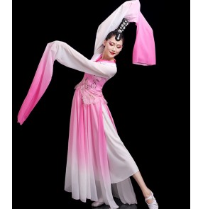 Women pink gradient waterfall sleeves chinese traditional classical dance dress hanfu fairy dance dresses film drama cosplay jinghong princess dance dress