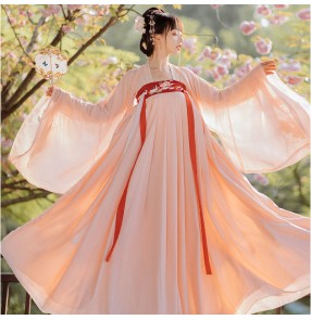Women pink Hanfu fairy princess performance dresses photos shooting film cosplay robe tang ming han qing dresses Chinese embroidered large-sleeved shirt ru skirt