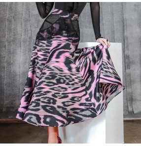 Women pink leopard ballroom dance skirt Feminine leopard print waltz tango fishbone skirt modern dance practice skirt