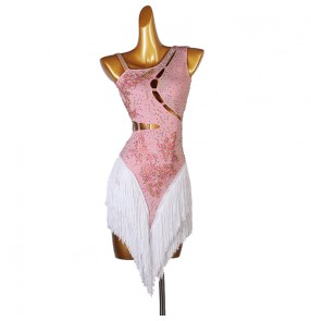 Women pink with white fringe competition latin dance dresses rhinestones modern dance latin dance costumes rumba chacha salsa dance dress for female