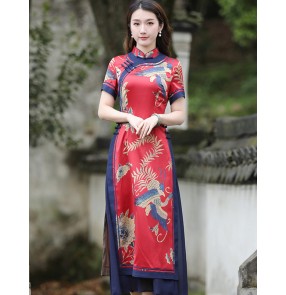 Women printed floral chinese dresses qipao dresses Ao Dai cheongsam host singers miss etiquette red long cheongsam dress 