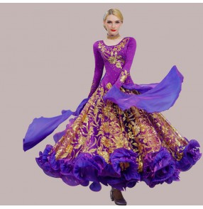 Women professional competition waltz tango ballroom dance dresses black with gold red violet flamenco big skirted dresses