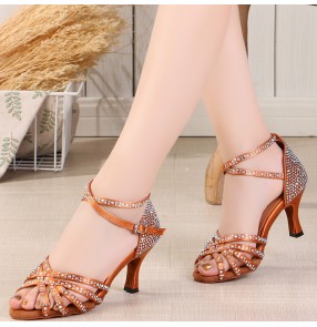 Women Professional flesh champagne Latin dance shoes adult ballroom dance ladies with diamond mid-high heel dance shoes soft sole square dance shoes sandals