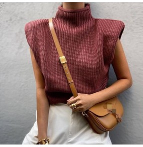 Women Pure color sleeveless sweater cotton shirt high neck fashion casual shoulder pad sweater tops
