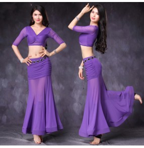 Women purple dark green Belly dance costumes practice clothes suit V-neck long skirt female costume suit