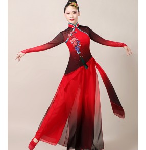 women qipao dress chinese black with red Classical dance performance costume female Chinese yangko costume rhyme fairy fan performance dance costume