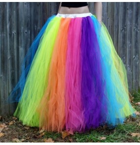 Women rainbow color jazz dance skirts photos puffy tulle singers night club performance skirts for female 