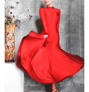 Women red ballroom dance dresses flare long sleeves big swing ballroom dance skirts long sleeves mesh patchwork waltz tango foxtort competition dance gown