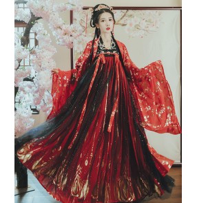 Women red black color chinese hanfu chinese ancient traditional folk costumes fairy princess tang dynasty empress photos shooting cosplay dress